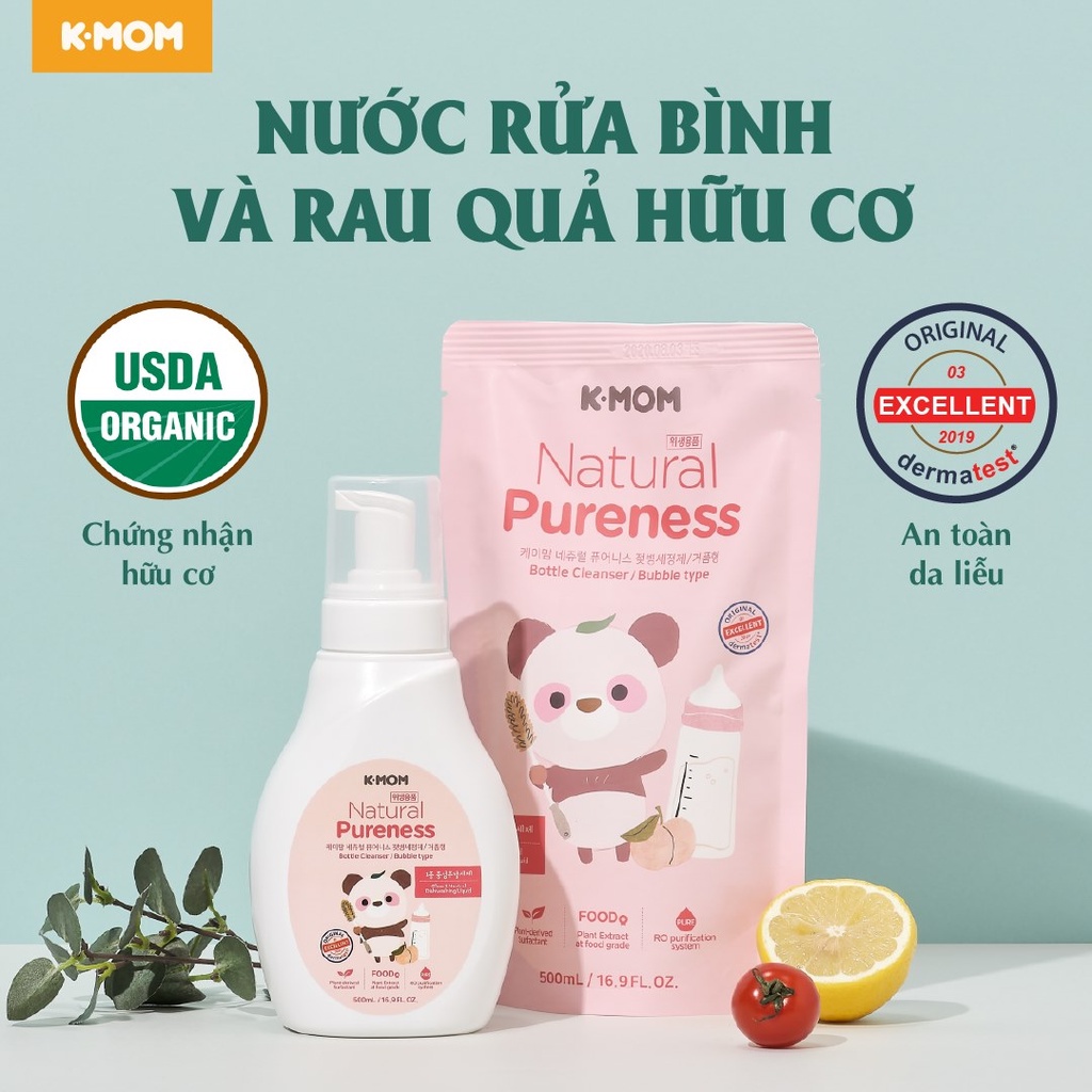 Nước Rửa Bình và Rau Quả Hữu Cơ Tinh chất Trà xanh K-mom Hàn Quốc Dạng Chai Tạo bọt Tiết kiệm 500ml