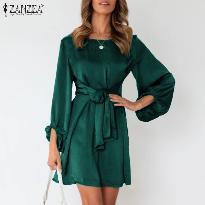 Đầm ZANZEA dáng chữ A tay dài màu trơn kiểu dây cột thời trang nữ tính thanh lịch cho nữ
