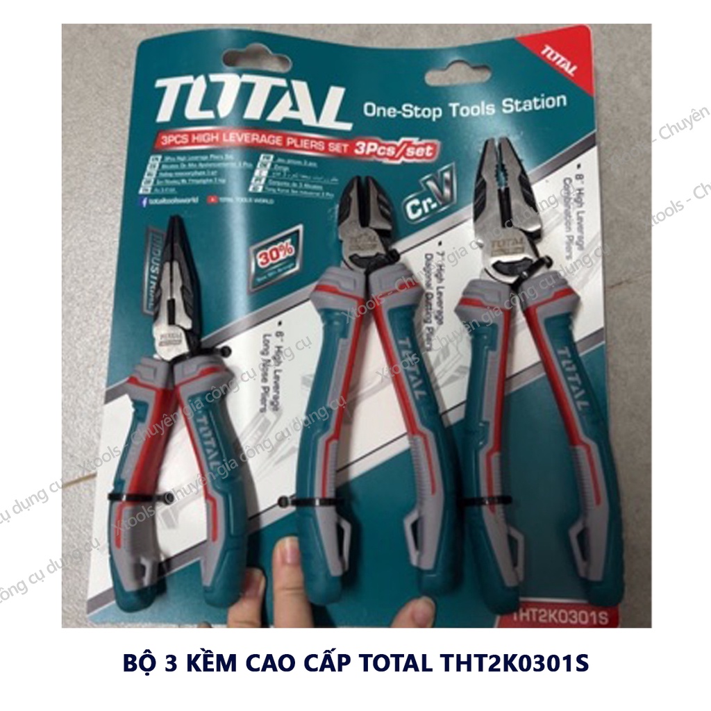 Bộ 3 kìm đa năng cao cấp cách điện INGCO - TOTAL Kềm cắt 7&quot; kềm răng điện 8&quot; kềm mũi nhọn 6&quot; thép CrV siêu bền cứng