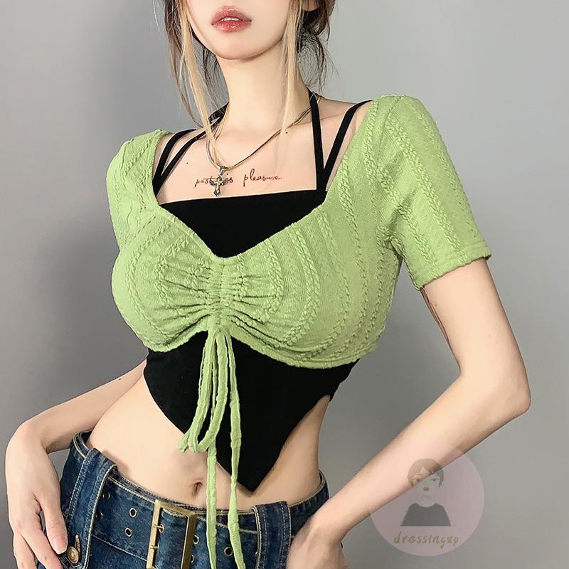 Áo Croptop Hai Dây Màu Đen + Áo Hai Dây Ngắn Tay Phong Cách Mùa Hè Dành Cho Nữ