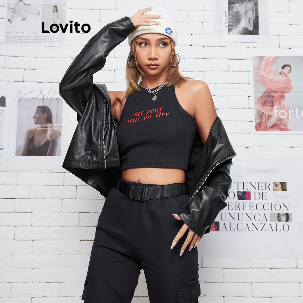 Áo croptop sát nách Lovito không tay in chữ phong cách thường ngày L08145 (đen) | BigBuy360 - bigbuy360.vn