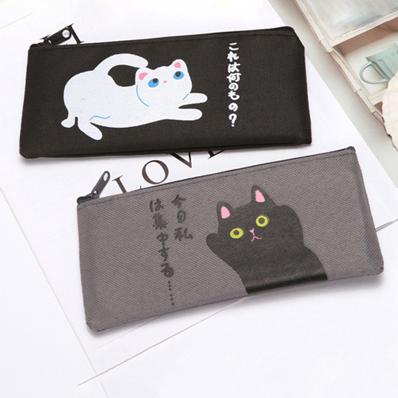 Túi đựng bút/ đồ trang điểm vải canvas màu đen in hình hoạt hình dễ thương