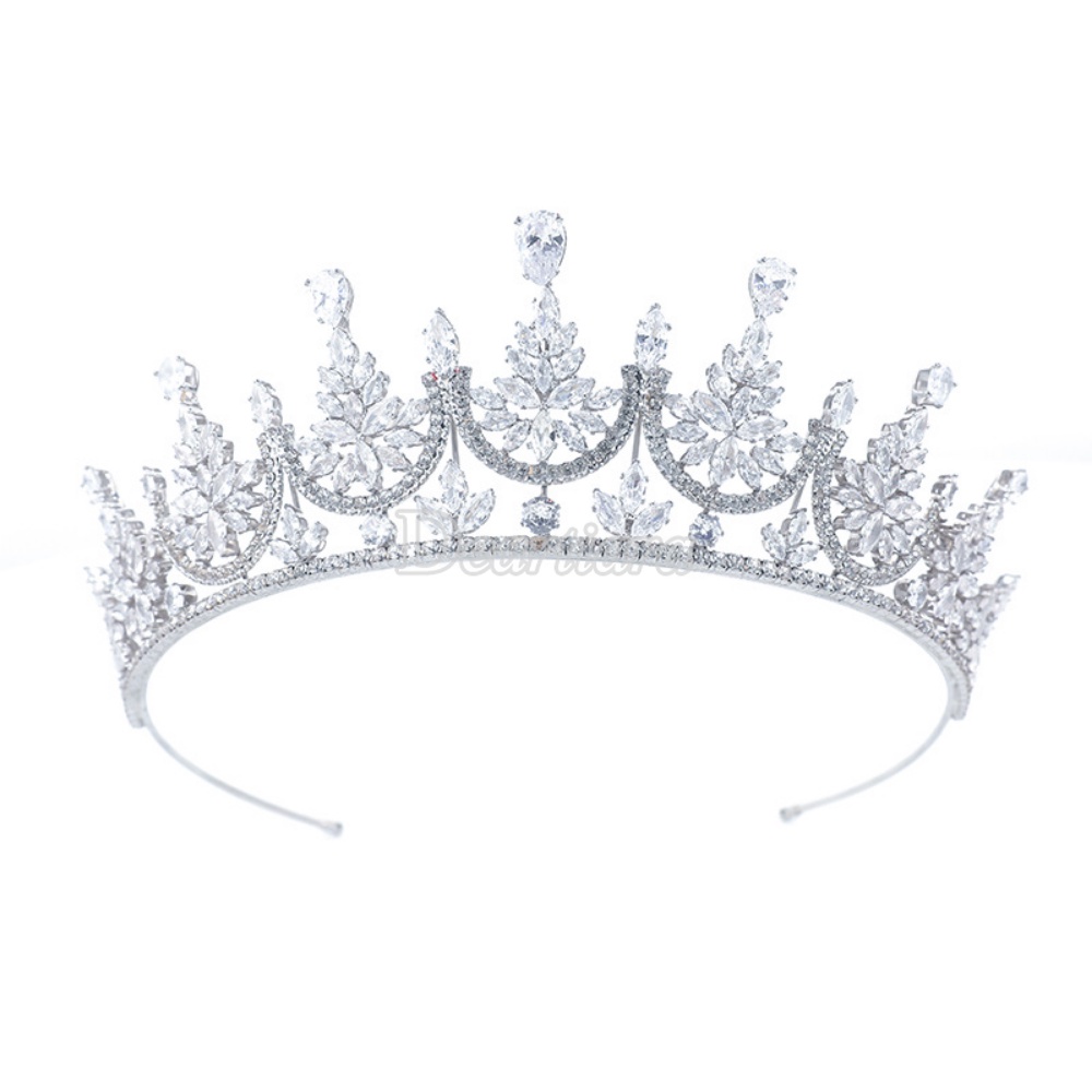 Vương Miện Trắng Dáng Tròn Đính Đá Zircon Thời Trang Cho Cô Dâu