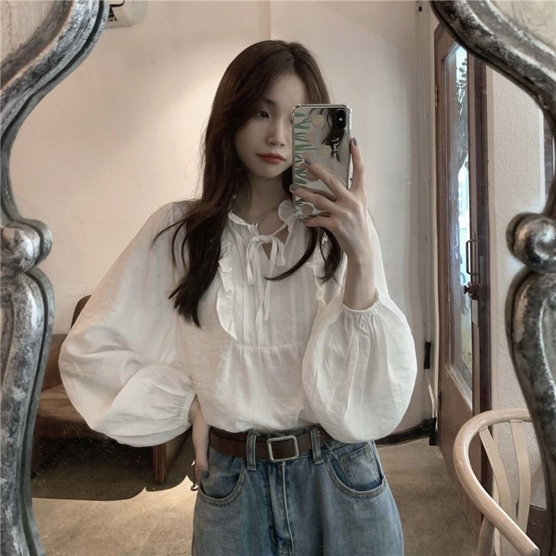 Áo Kiểu Dáng Rộng Cổ Chữ V Cột Dây Dễ Phối Đồ Thời Trang Mùa Thu