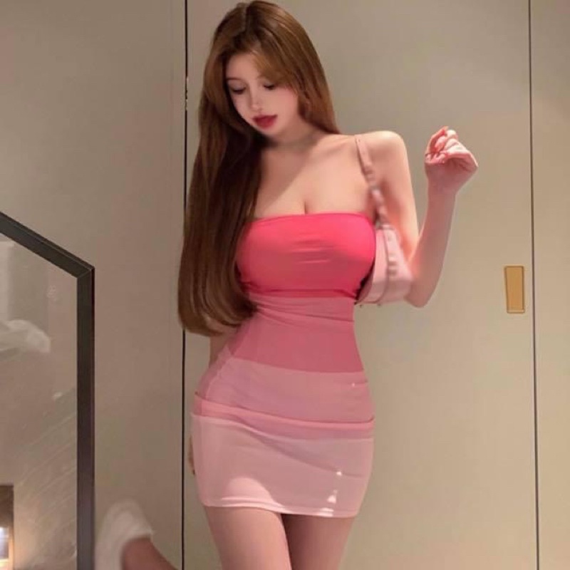 Đầm ống cúp ngực kiểu ngắn nữ ôm sát body hồng phấn loang màu