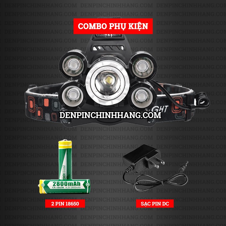 Đèn pin đội đầu 5 bóng 30W phiên bẩn 2021 - Có Zoom xa gần