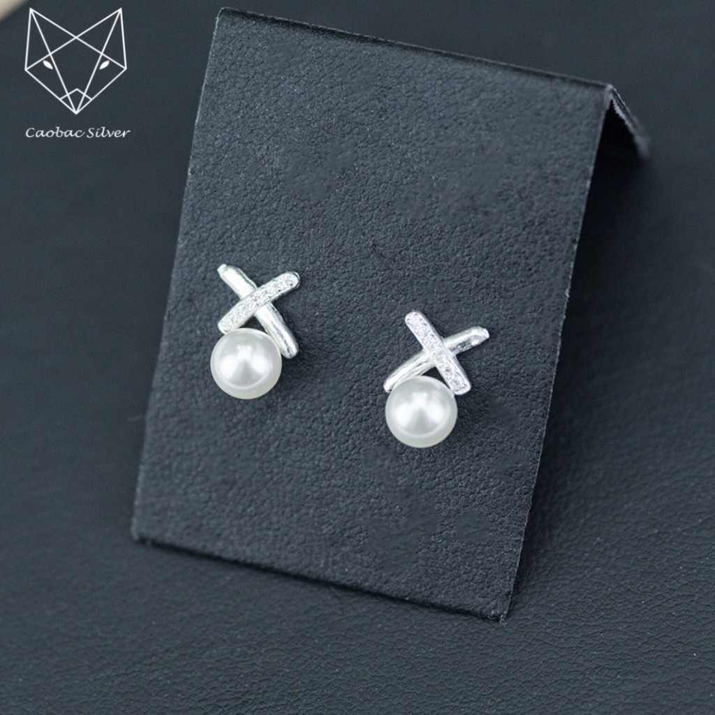 Khuyên Tai Bạc Ta Caobac Silver Bông Nụ Bạc Mặt Thiết Kế Chữ X Đính Hạt Cao Cấp Sang Trọng Quà Tặng Phụ Nữ Lịch Sự