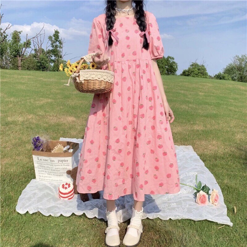 VÁY BABY DOLL TAY PHỒNG, HOẠ TIẾT HỒNG DÂU | BigBuy360 - bigbuy360.vn