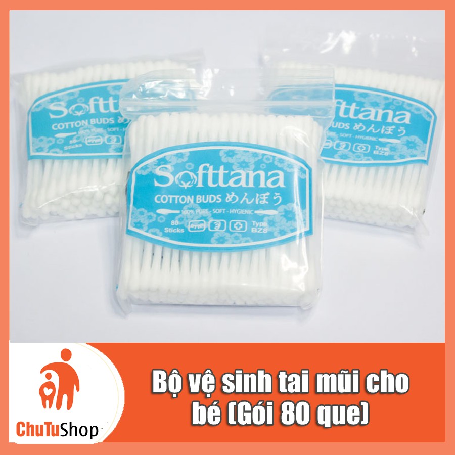 Bông vệ sinh tai mũi Softtana cho bé (Gói 80 que bông) siêu thấm mềm mại | ChutuShop