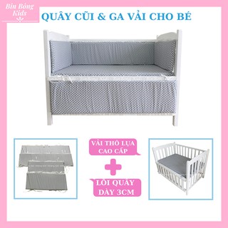 Quây Cũi Kèm Ga Vải Bọc Đệm (Chấm Bi Trắng) - Chất Liệu Vải Thô Lụa Cao Cấp