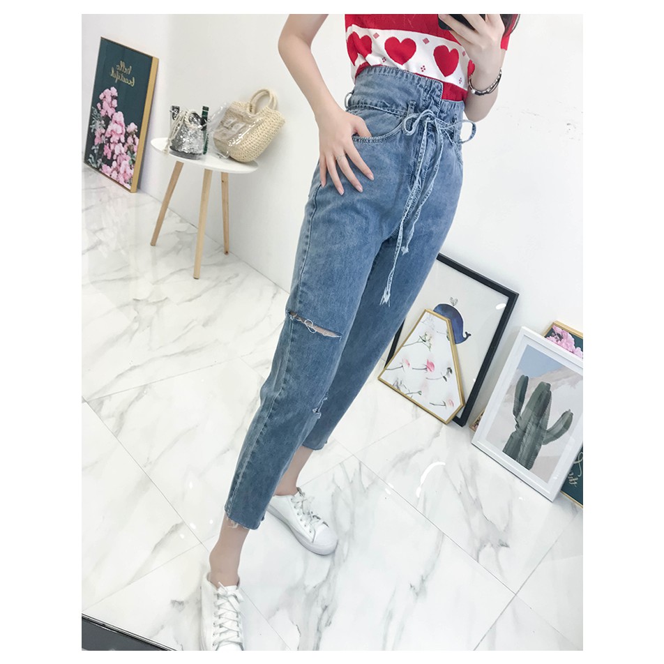QUẦN JEANS CẠP CAO ĐAN DÂY ULZZANG