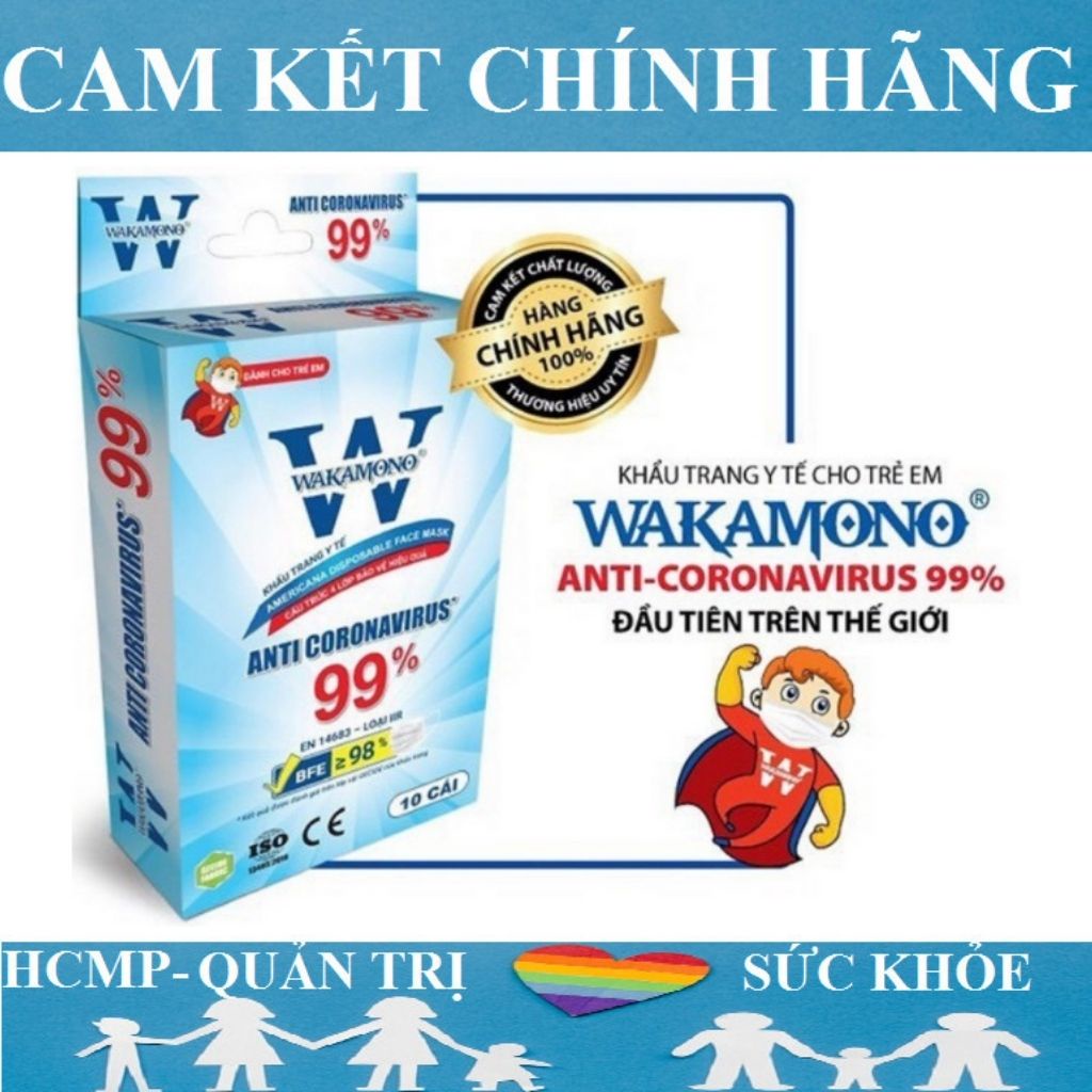 Khẩu trang y tế cho bé trẻ em Wakamono Việt Nam chính hãng 4 lớp kháng khuẩn cao cấp hộp 10 cái màu trắng HCM19