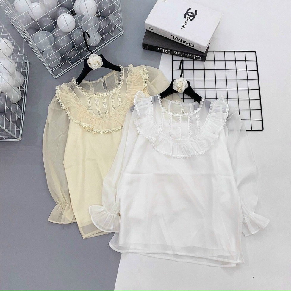 Áo sơ mi nữ kiểu tiêu thư chất voan cổ phối ren tầng xinh xắn mã A62-Ảnh thật tự chụp