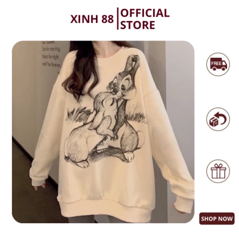  Áo sweater nỉ cotton đôi thỏ dài tay dáng rộng freesize <68kg MSP57BL