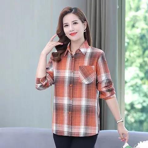 Áo Sơ Mi Cotton Tay Dài Kẻ Sọc Caro Thời Trang Cho Phụ Nữ Trung Niên