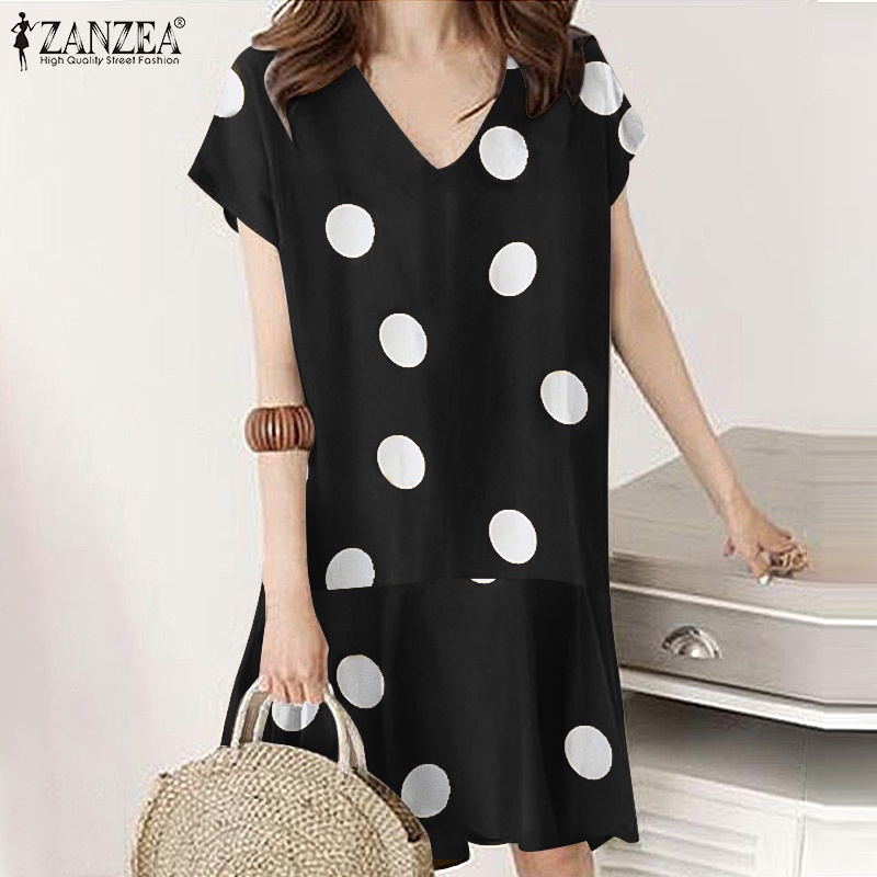 Đầm mini ZANZEA tay ngắn họa tiết chấm bi nhún bèo vintage phong cách thường ngày dành cho nữ
