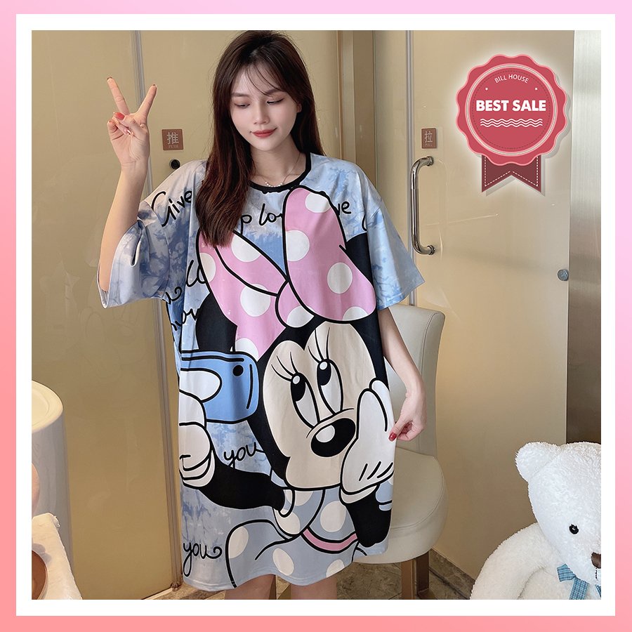 Váy ngủ nữ cộc tay dáng suông bigsize chất cotton mềm mát họa tiết nhân vật hoạt hình dễ thương VN07