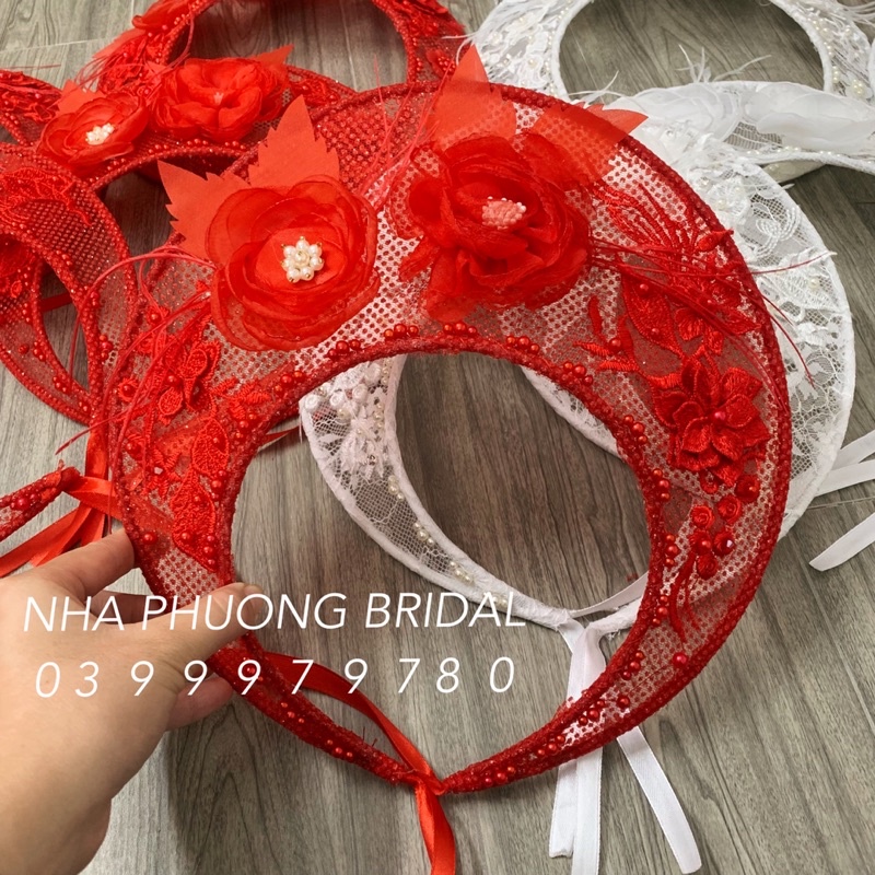 Mấn Vành Ren Trắng Đính Hoa Nổi Và Lông Vũ Xinh Xắn-Mấn đội đầu cô dâu