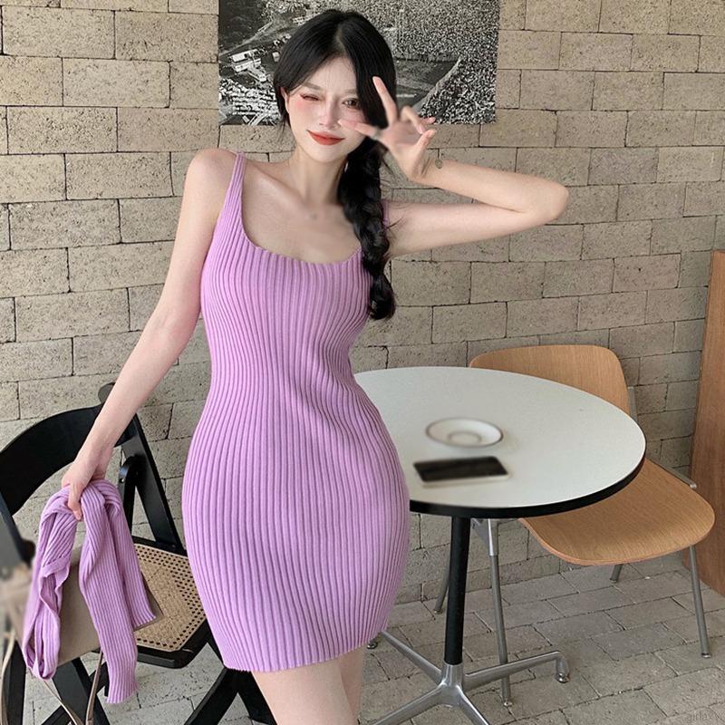 Set đầm hai dây dệt kim + áo choàng tay dài màu trơn phong cách Hàn Quốc quyến rũ cho nữ