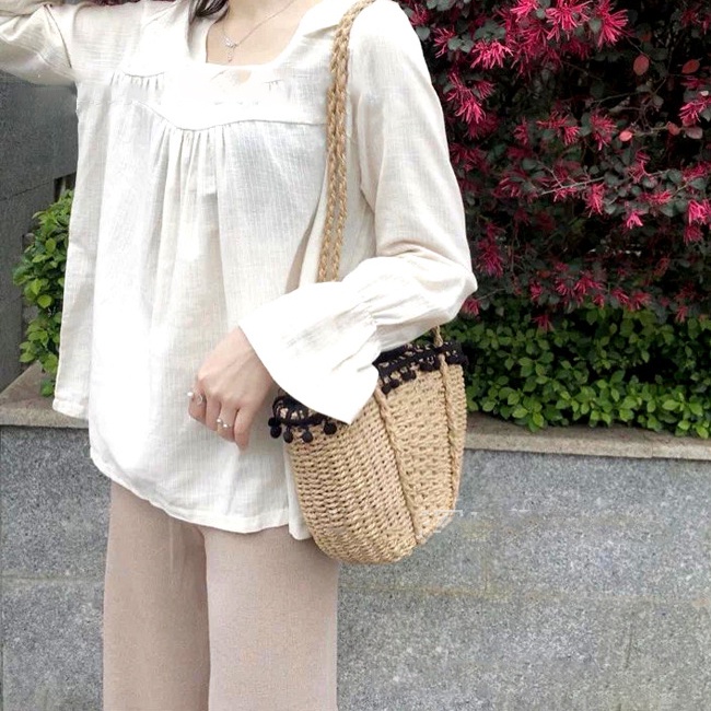 Túi cói xách tay có tua rua thời trang đi biển phong cách vintage Labonia