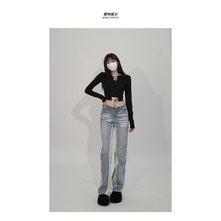 Quần jeans loe cạp thấp màu tương phản thời trang phong cách Mỹ cho nữ