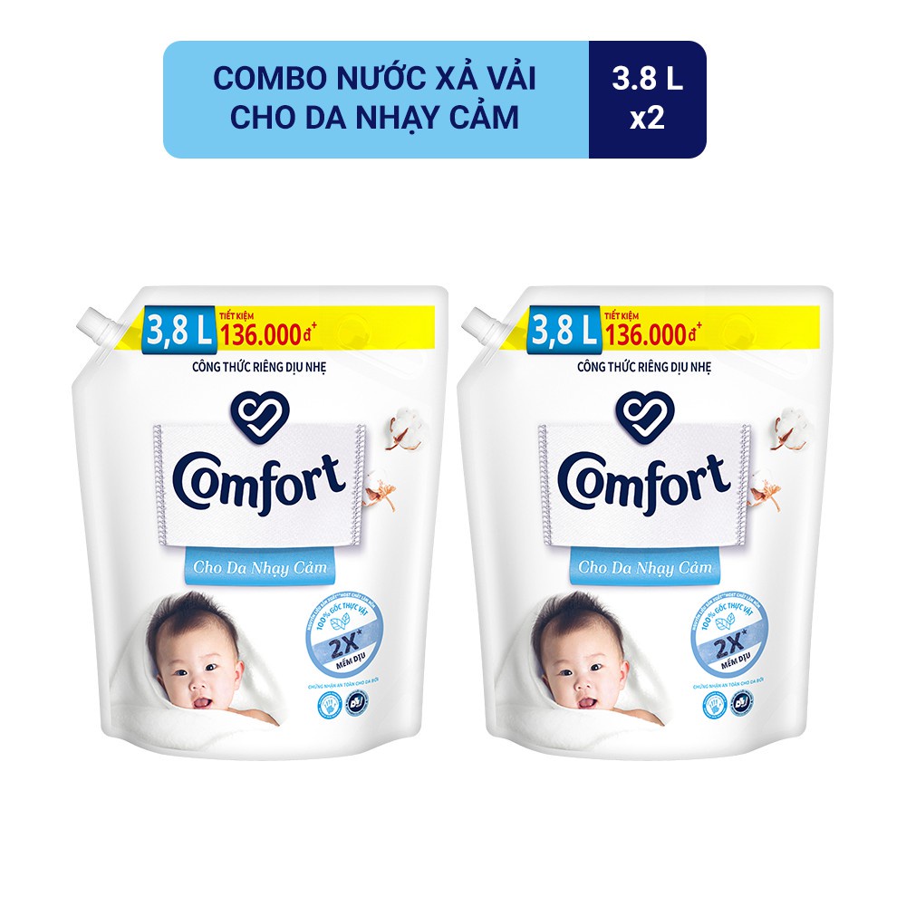 Combo 2 Nước xả vải Comfort Cho Da Nhạy Cảm Túi 3.8L - Phù hợp với cả em bé