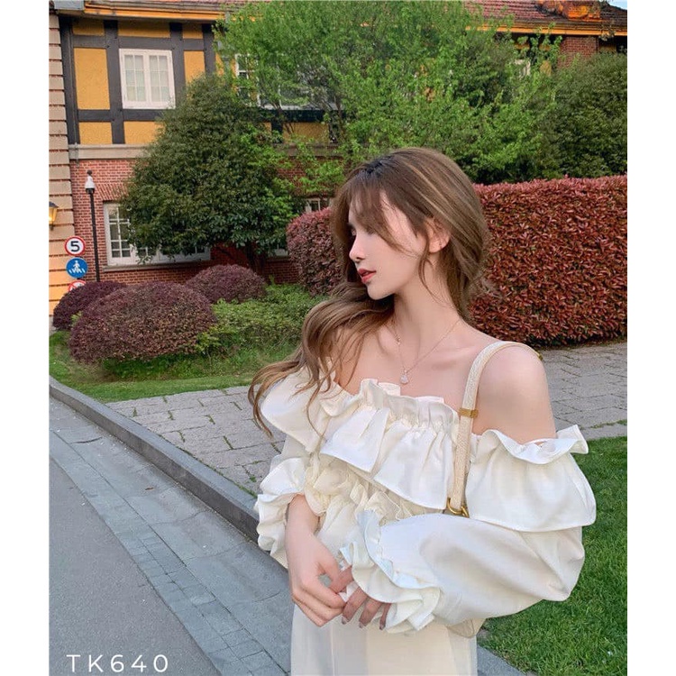 [Ảnh thật] Áo crop trễ vai bèo nhún tay dài croptop tiểu thư xinh xắn dạo phố du lịch cực kool