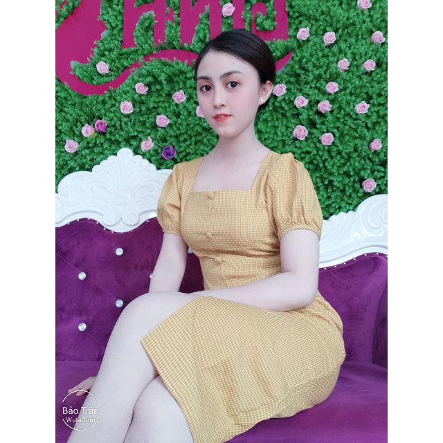 Đầm Nữ Caro Cổ Vuông Cột Nơ