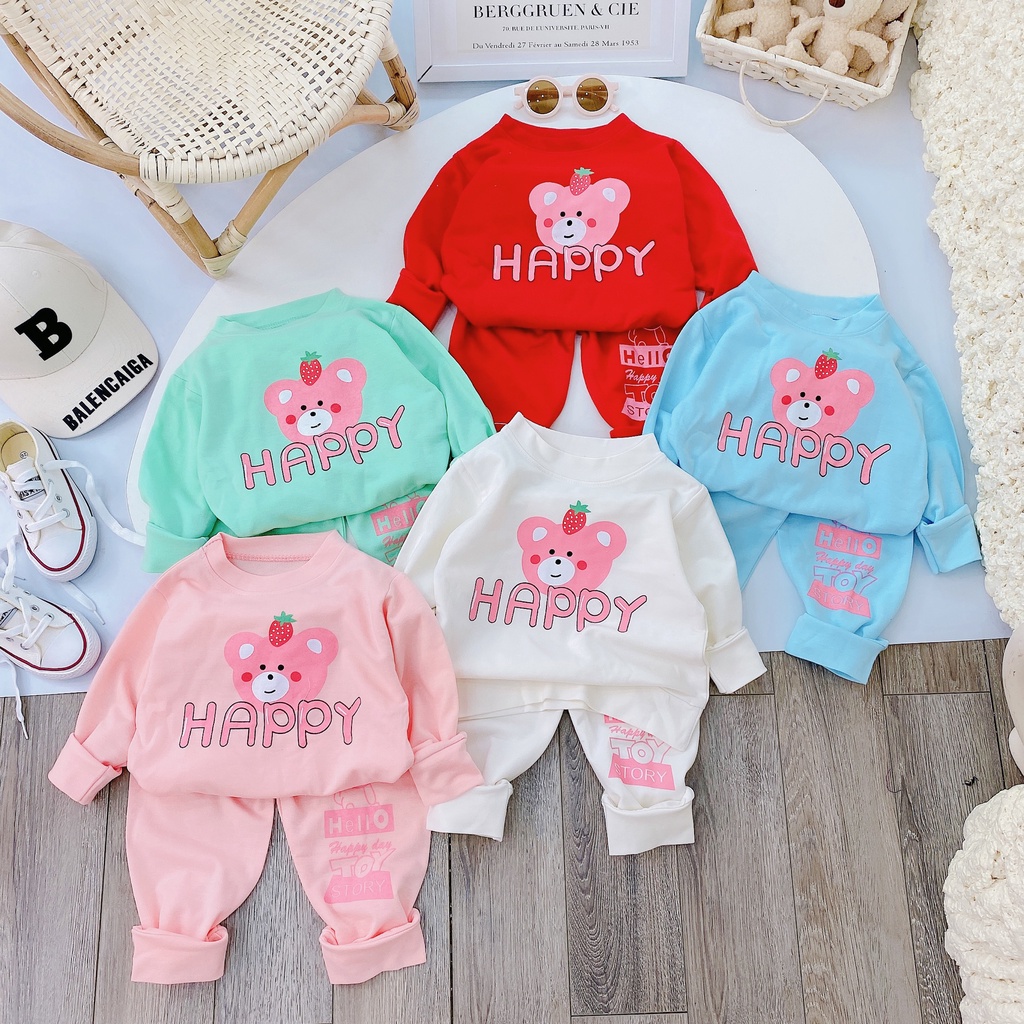 Bộ dài tay cho bé gái mùa thu hình gấu HAPPY 8-18 kg