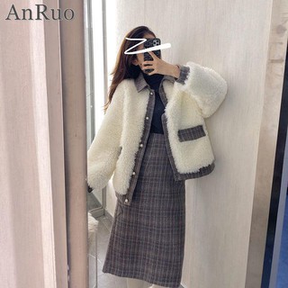 Set Áo Khoác Len Lông Cừu Phối Chân Váy Lưng Cao Thời Trang Cho Nữ Sinh