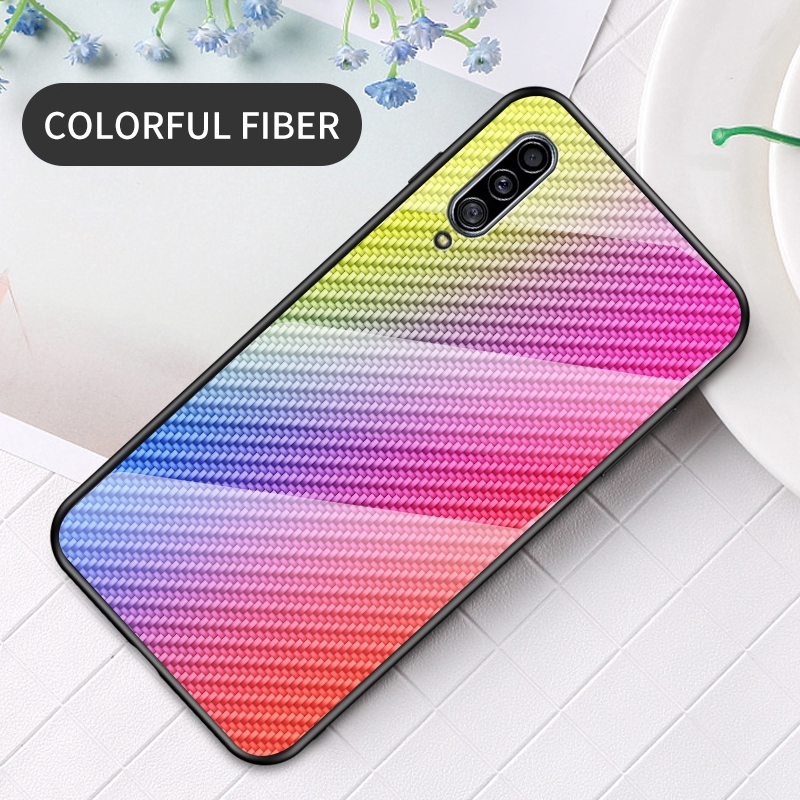 For Samsung A90 5G A10s M10s A50s A30s A50 A20s Carbon Fiber Glossy Texture Tempered Glass Phone Case