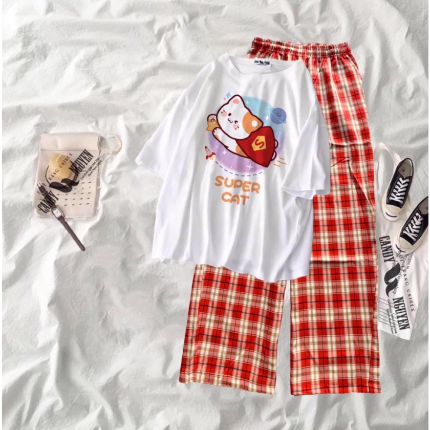 Sét áo phông Super Cat + quần kẻ đỏ