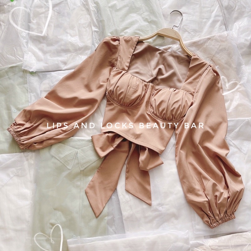 Áo Crop Nâu Cột Nơ Lưng Tay Phồng - Kèm Hình Thật