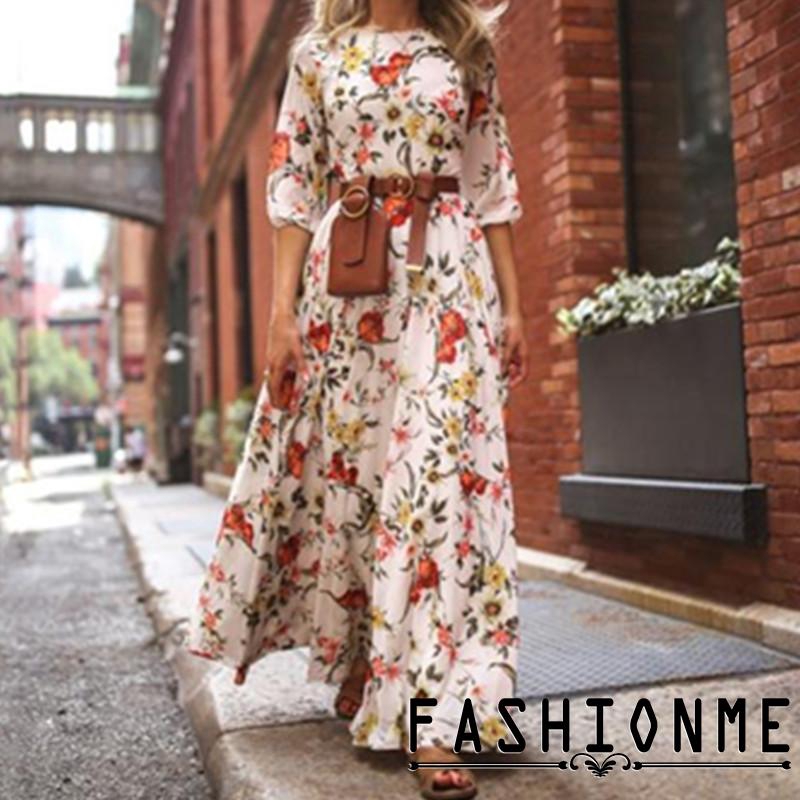 Đầm maxi dài tay họa tiết hoa trang trí phong cách Boho