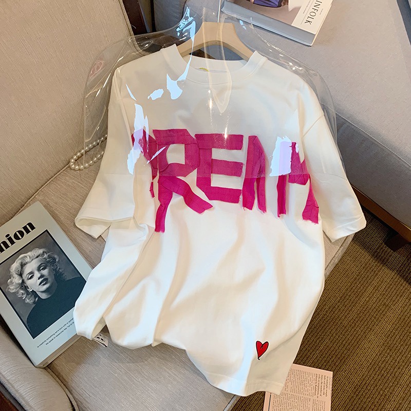 QKOOLE Áo thun nữ  ngắn tay cổ tròn in họa tiết phong cách Hàn Quốc