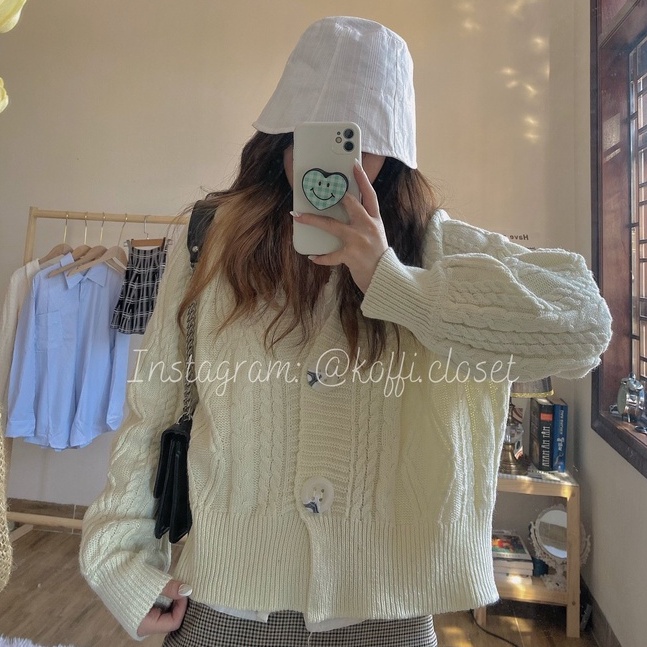 Áo khoác len cardigan croptop màu trắng sữa dày dặn ấm áp phong cách mùa đông Hàn Quốc
