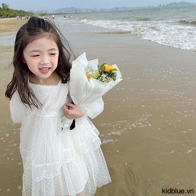 Đầm Công Chúa Tay Phồng Cổ Vuông Dễ Thương Thời Trang Mùa Hè Cho Bé Gái