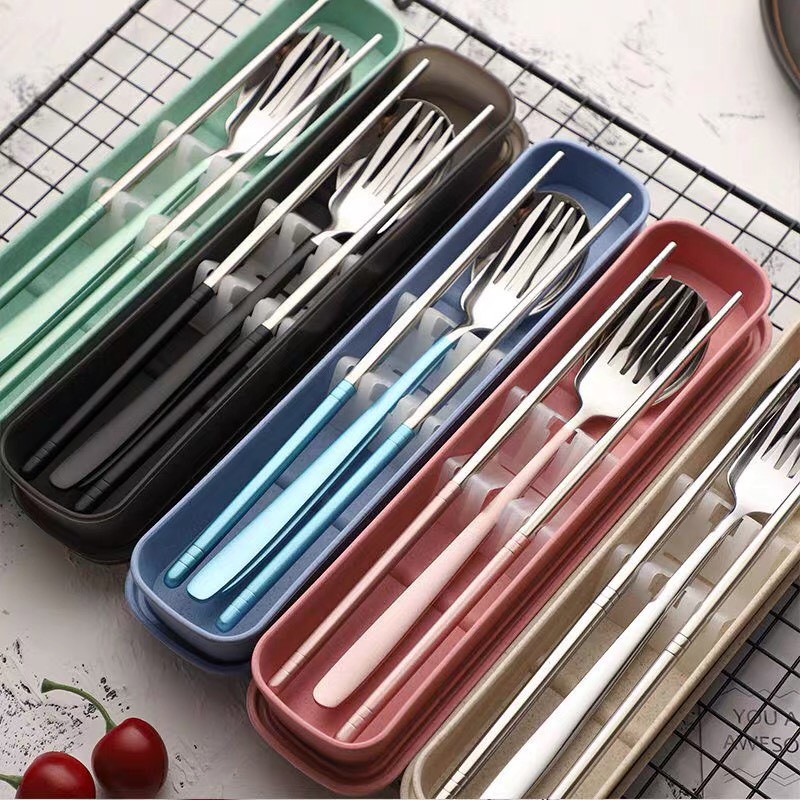 FREESHIPSet 3 Món Muỗng Đũa Nĩa Thìa Inox 304 Cá Nhân Cơm Trưa Văn Phòng Dã Ngoại Tặng Kèm Hộp Đựng Tiện Lợi