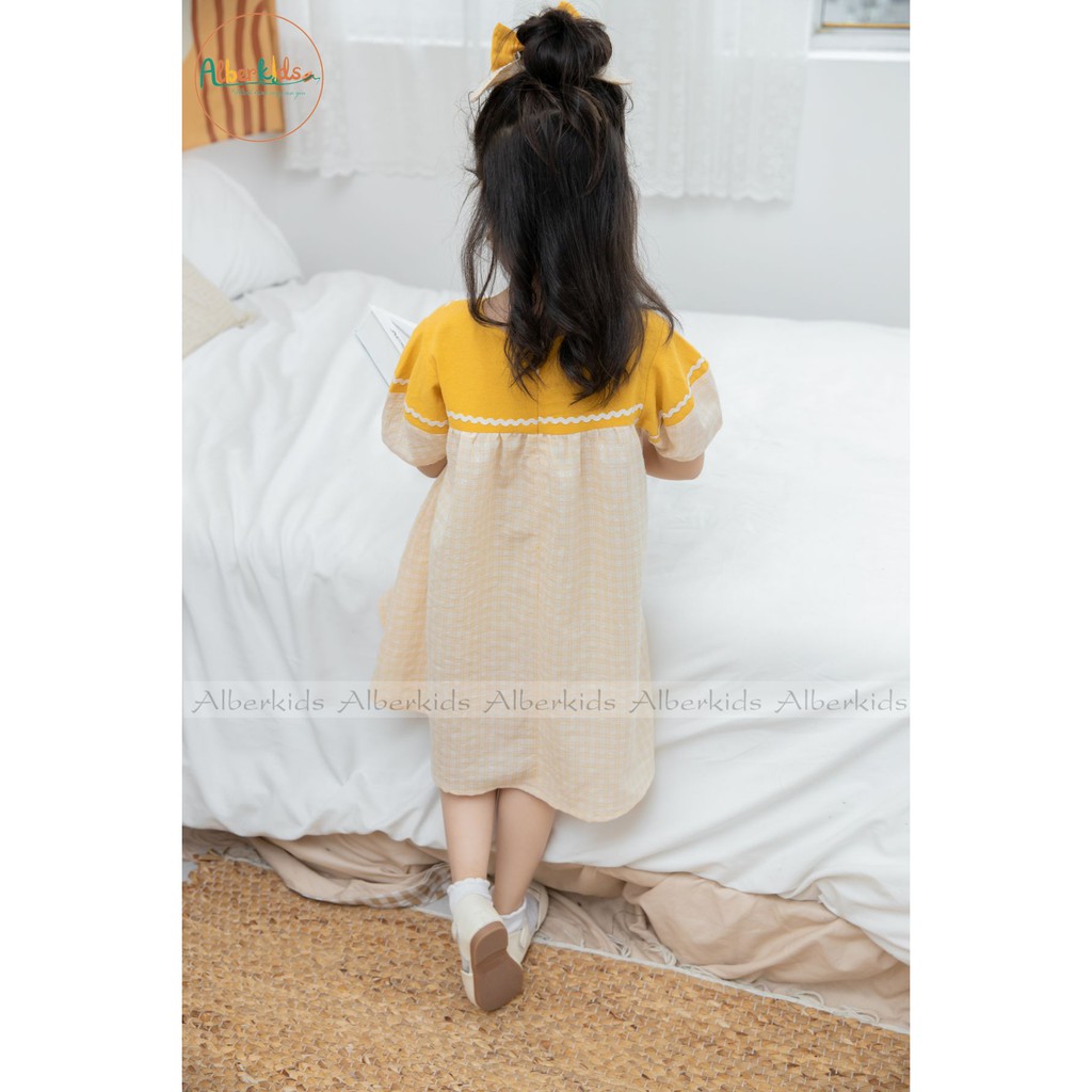 Váy cho bé gái ALBER KIDS thêu họa tiết phối kẻ vàng QUEEN DRESS xinh đẹp cho trẻ em từ 2 đến 14 tuổi [V08]