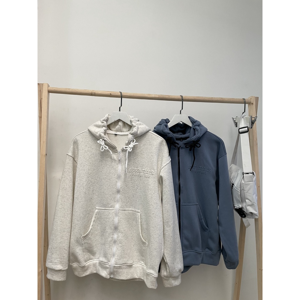 Áo Khoác dây kéo in chữ nổi ESS 2 màu Xám/Xanh Unisex nam nữ siêu đẹp (hình thật) tại Boin Store