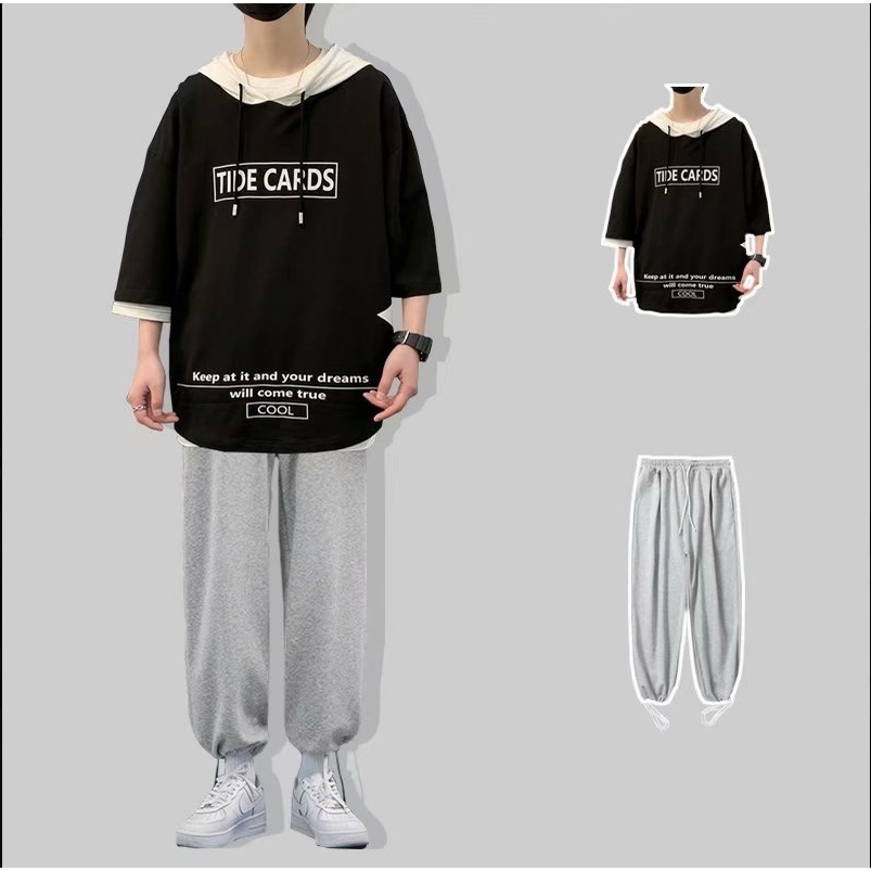 áo hoodie nam tay ngắn áo giả hai lớp Dáng Rộng Thời Trang Cá Tính in phong cách Hàn Quốc Hợp thời trang siêu đẹp from rộng hoodie