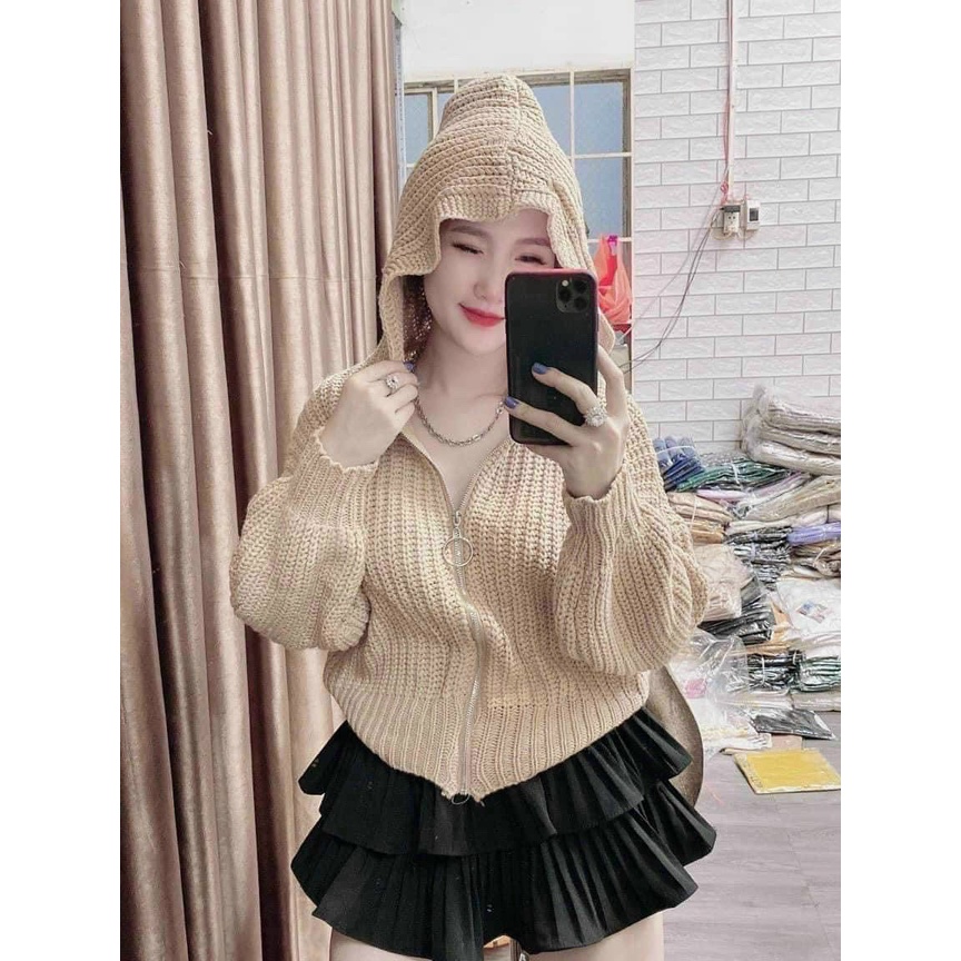 áo len nữ khoác thu đông có nón c