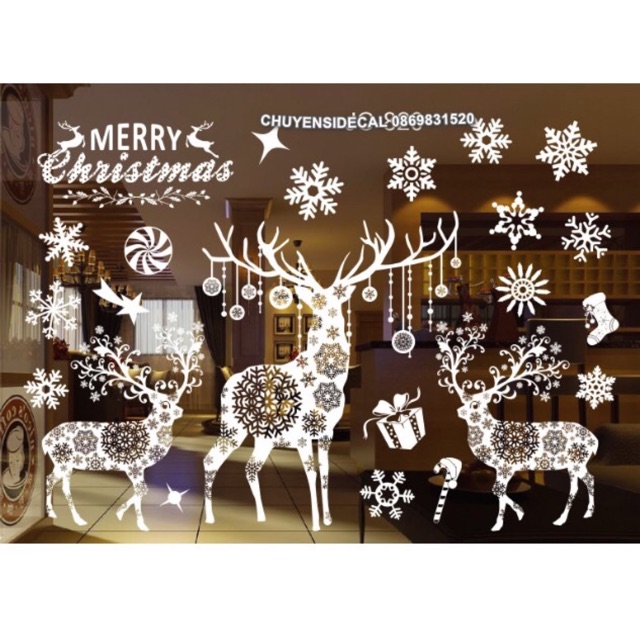 Decal dán tường Noel Hít Tĩnh Điện Không Dơ Kính - Tuần lộc Hoa Văn Trắng