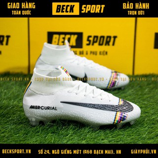 Giày Bóng Đá TQ Mercurial SuperFly CR7 Elite360 Trắng Vạch Đen Cao Cổ FG
