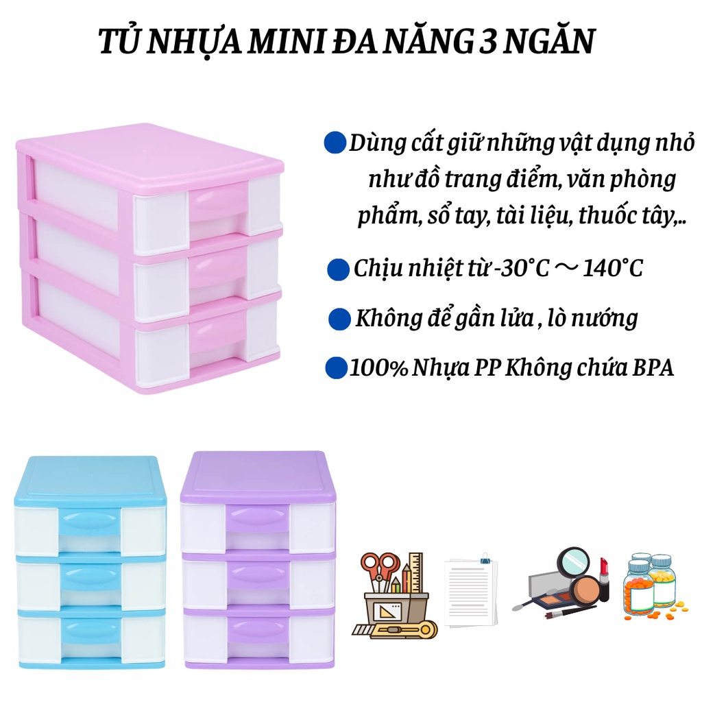 Tủ nhựa đa năng 3 ngăn đựng đồ để bàn tiết kiệm không gian 100% nhựa PP Đại Đồng Tiến an toàn sức khỏe