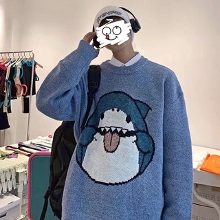 Áo sweater dệt kim cổ tròn dáng rộng dài tay hoạ tiết cá mập hoạt hình thời trang Hàn Quốc nam tính