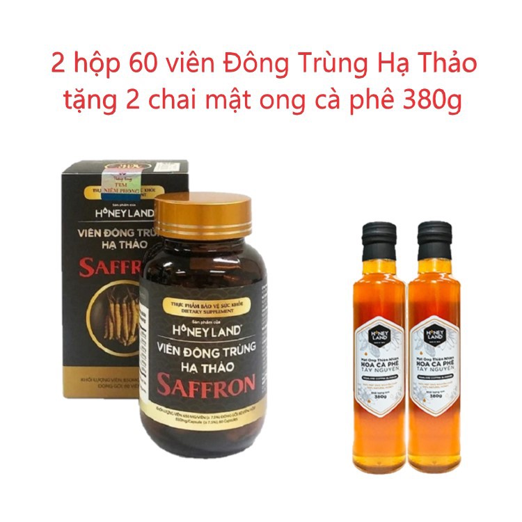 Combo 2 hộp Viên uống Đông Trùng Hạ Thảo Saffron Honeyland 60v (Tặng 2 mật ong hoa Cà Phê Honeyland 380gr)