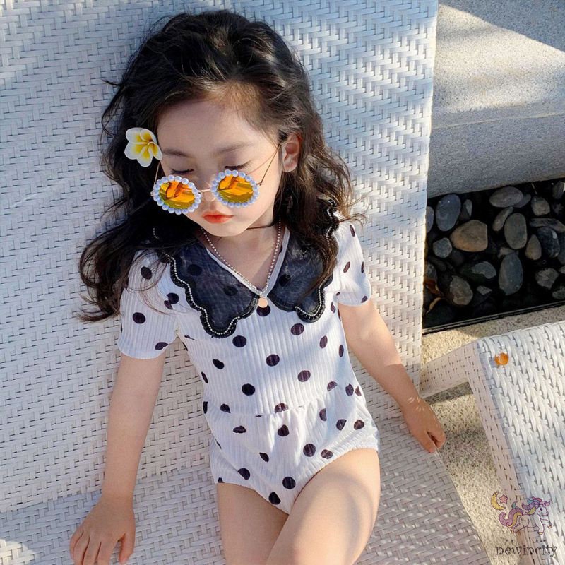 Bộ Đồ Bơi Cổ Búp Bê Kèm Mũ Họa Tiết Chấm Bi Phong Cách Hàn Quốc Cho Bé Gái