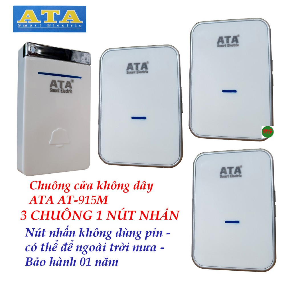 Bộ chuông cửa không dây có 2 -3 CHUÔNG với nút nhấn không dùng pin nên có thể để ngoài trời ATA AT-915M