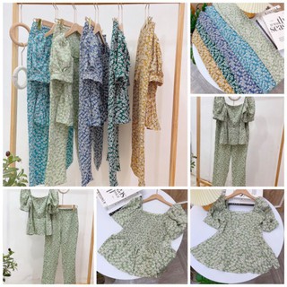 Set bộ hoa nhí nút bọc cổ vuông tay phồng quần dài ống suông nhỏ bigsize 40-58kg